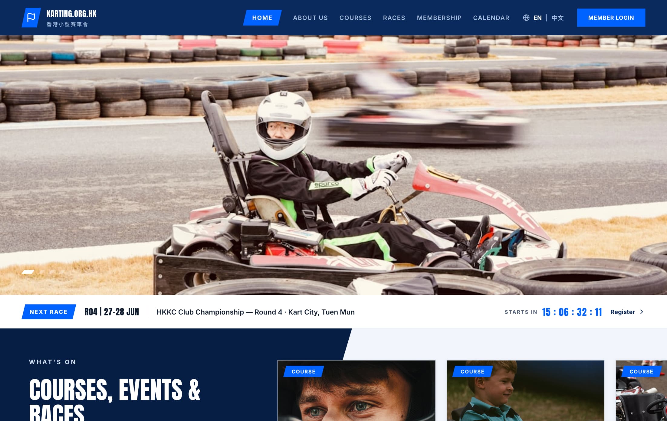 Karting Association Hong Kong website with race calendar, membership area and next-race countdown