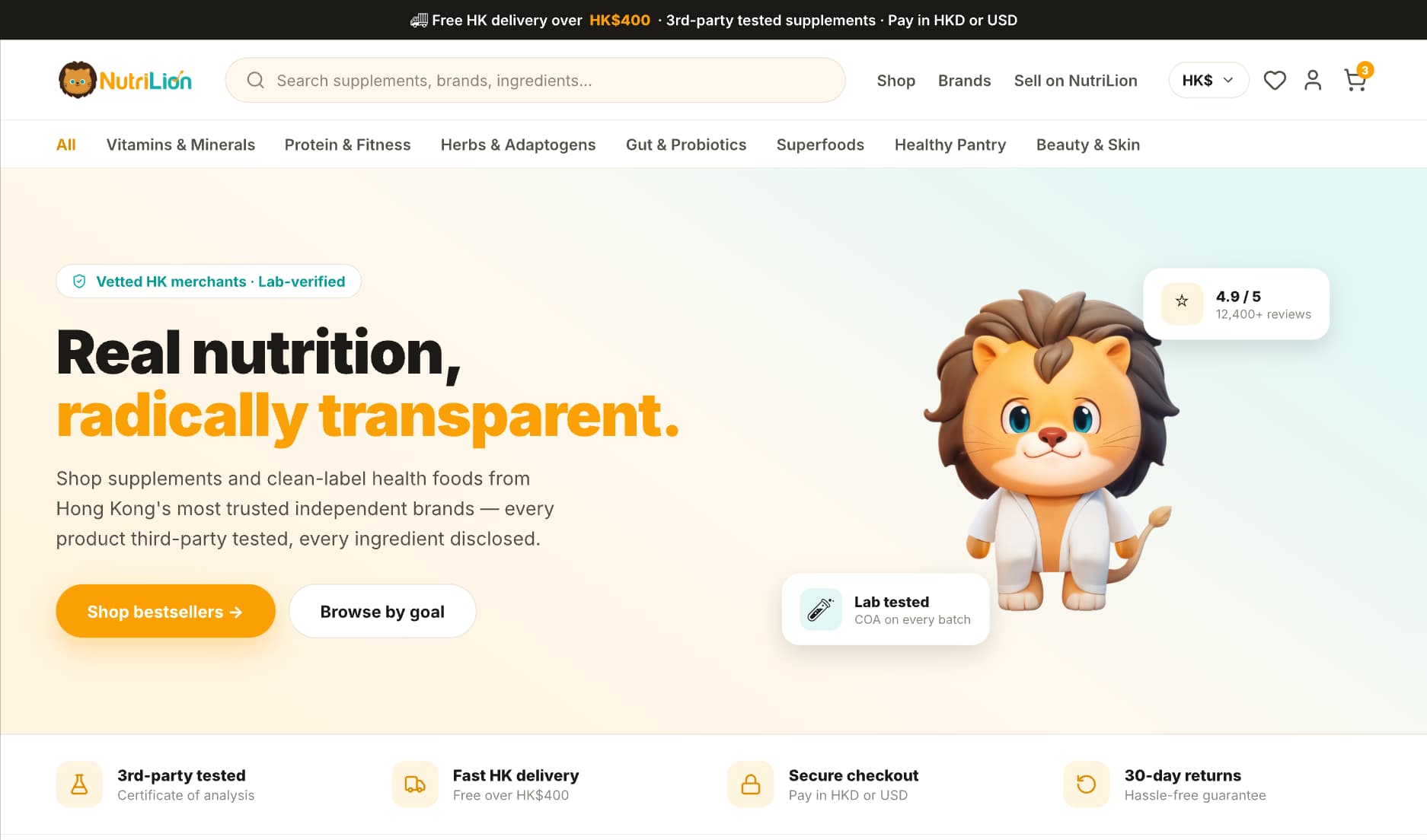 NutriLion healthcare storefront with supplement categories and lab-tested product messaging